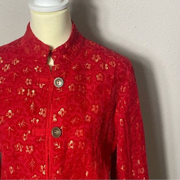 Chicos Red &Gold Tone Mandarin Brocade Floral Blazer/Jacket Women's Size 1/Small - Picture 14 of 16